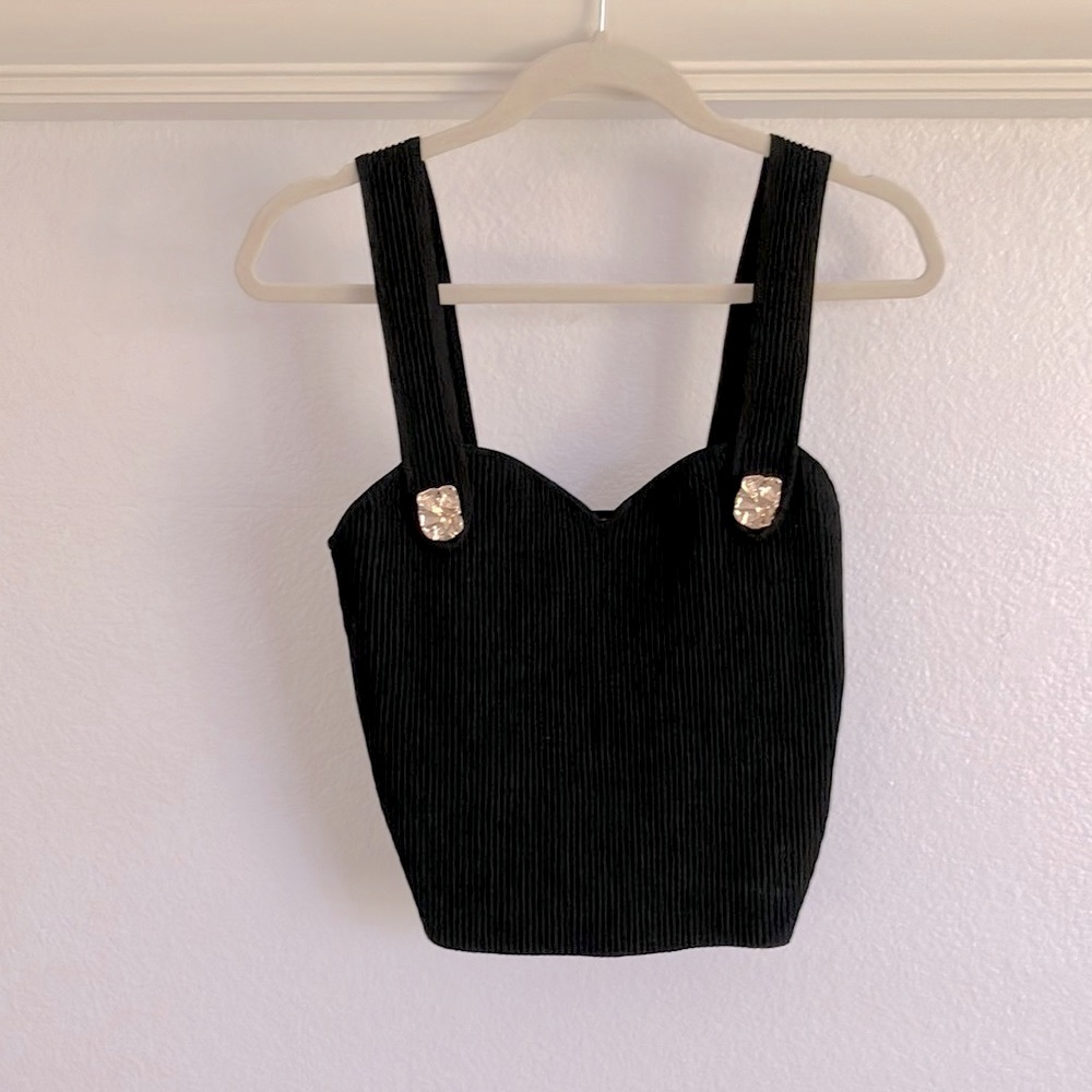 Black Rib-knit Tank Top with Gold Embellishments